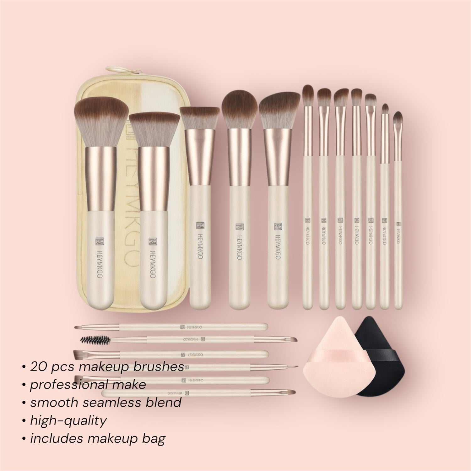 HEYMKGO Makeup Brushes Set 18pcs Professional Makeup Brushes with 2 Powder Puff & Travel Bag Premium Synthetic Foundation Powder Blush Blending Face Brush Kit Eyeshadow Set Makeup Brushes & Tools