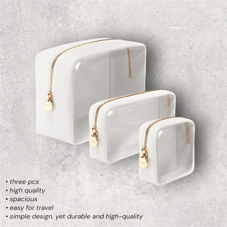 Clear Cosmetic Bags Set of 3 Mini Small Large Makeup Bags For Women Clear Pouch Cosmetics Cases Zipper Cute Pouches Make Up Travel Toiletry Essentials Preppy Purse Organizer Makeup Cases White