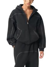 Contrast-Stitched Boxy Fleece Zip Hoodie